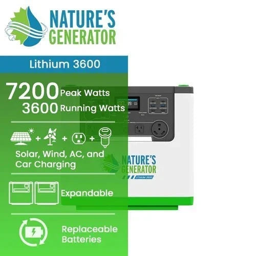 Natures Generator 2 x Lithium 3600 With Power Pods + Combiner (7.2kW/12.2kWh)