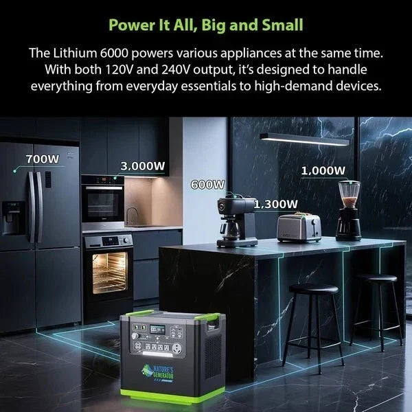 Natures Generator Lithium 6000 Solar Generator With 410W Rigid Solar Panels + Wind Turbine